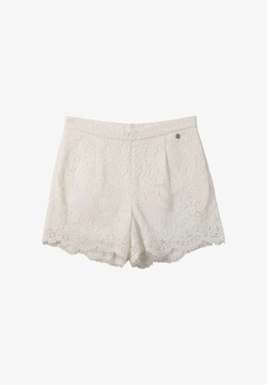 Shorts bianchi in pizzo con orlo smerlato e motivo floreale, caratterizzati da un dettaglio laterale con bottone in metallo.