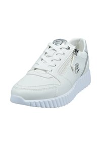 White sneaker with silver accents, lace-up front, side zipper, and thick ridged sole.