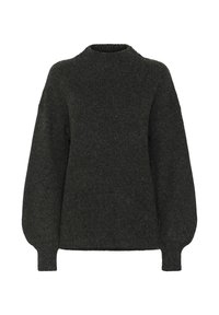 Dunkelgrauer Strickpullover mit langen Ballonärmeln und hohem, rundem Ausschnitt auf weißem Hintergrund.