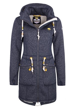 Manteau long pour femme, bleu foncé, zip devant avec capuche, doublure polaire blanche, poches avant, accents jaunes et cordons réglables à la taille et à la capuche.