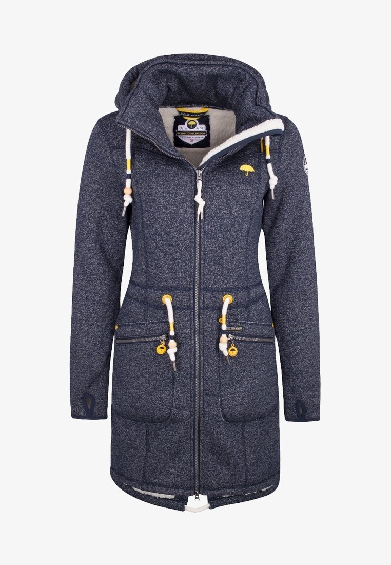 Manteau long pour femme, bleu foncé, zip devant avec capuche, doublure polaire blanche, poches avant, accents jaunes et cordons réglables à la taille et à la capuche.