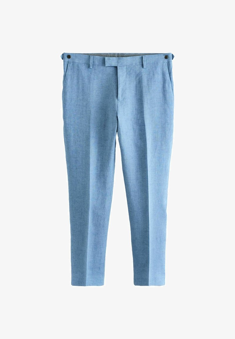 Lyseblå herre-dressbukser med forlommer, bæltestropper og knapdetaljer i taljen, vist fladt på en hvid baggrund.