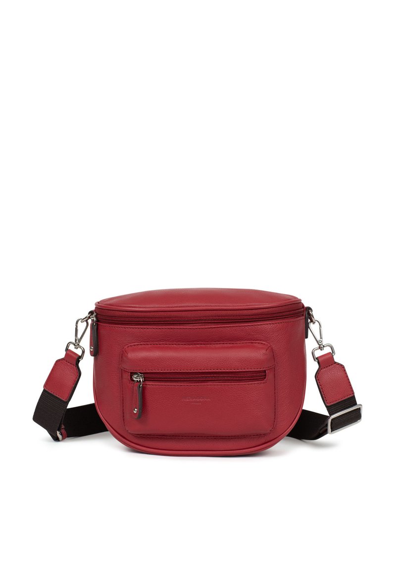 Borsa a tracolla rotonda in pelle rossa con un vano principale con zip e tasca frontale con zip; presenta una tracolla in tessuto removibile e accenti in hardware argento.