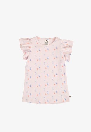 Light pink toddler dress with ruffled sleeves and a pattern of blue and orange pears and raindrops.