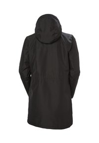 Černá voděodolná bunda s kapucí, elastickým pasem a delšími střihy. Hladká textura s minimalistickým designem a bez viditelných kovových detailů.