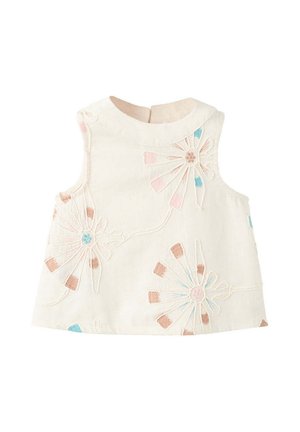 Robe bébé crème sans manches avec de grands motifs floraux brodés en rose pastel, bleu et marron, présentant un col rond et une fermeture au dos.