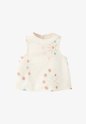 Robe bébé crème sans manches avec de grands motifs floraux brodés en rose pastel, bleu et marron, présentant un col rond et une fermeture au dos.
