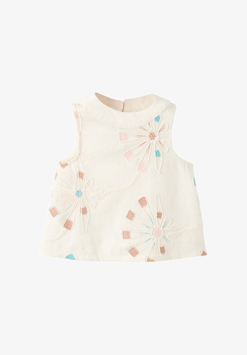 Robe bébé crème sans manches avec de grands motifs floraux brodés en rose pastel, bleu et marron, présentant un col rond et une fermeture au dos.