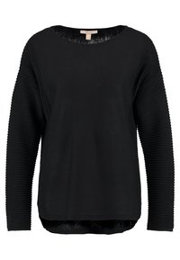 Schwarzes Langarmshirt mit gerippten Seitenpaneelen, einem runden Ausschnitt und einer lockeren Passform. Weicher Stoff mit glatter Textur.