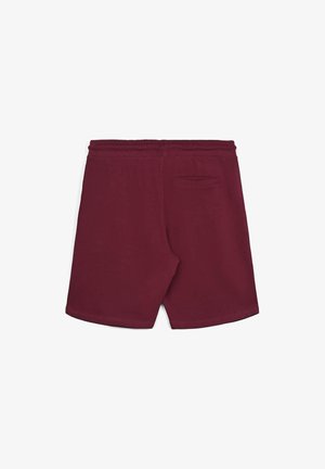 Pantaloncini sportivi color bordeaux con elastico in vita e una tasca posteriore singola. Tessuto morbido e strutturato, lunghezza a metà coscia e design semplice.