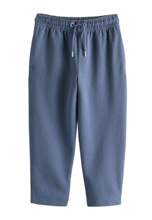Blå joggingbukser lavet af blødt stof, med elastisk taljebånd med snøre, to sidelommer og manchetter ved anklerne.