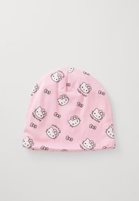 Berretto in cotone rosa con un motivo ripetuto di facce e fiocchi di Hello Kitty. Texture liscia con un design aderente. Ideale per un abbigliamento casual.