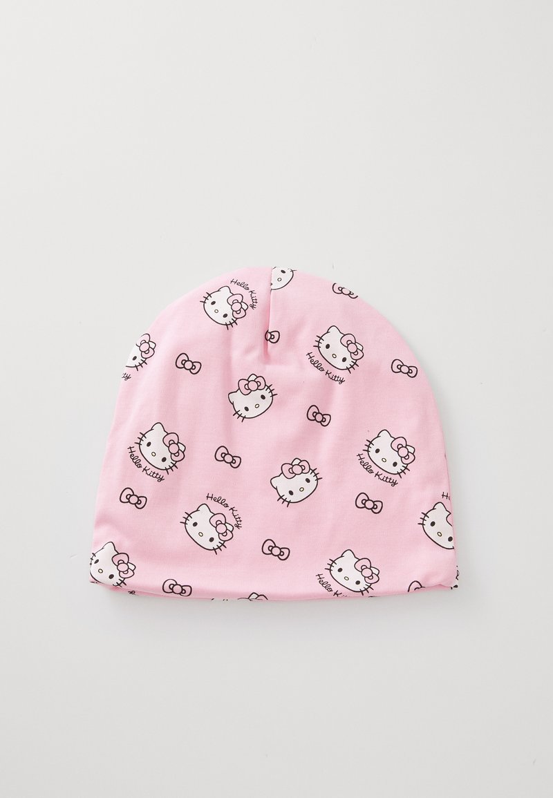 Berretto in cotone rosa con un motivo ripetuto di facce e fiocchi di Hello Kitty. Texture liscia con un design aderente. Ideale per un abbigliamento casual.