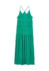 Abito maxi verde senza maniche con scollo a V, doppie spalline, design a strati e texture morbida e liscia.