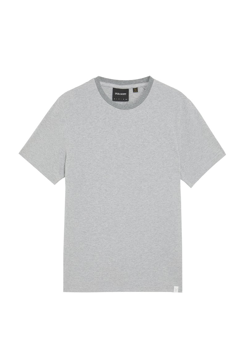 Camiseta gris de manga corta hecha de algodón suave. Presenta un escote redondo y una pequeña etiqueta con el logotipo en la parte inferior derecha.