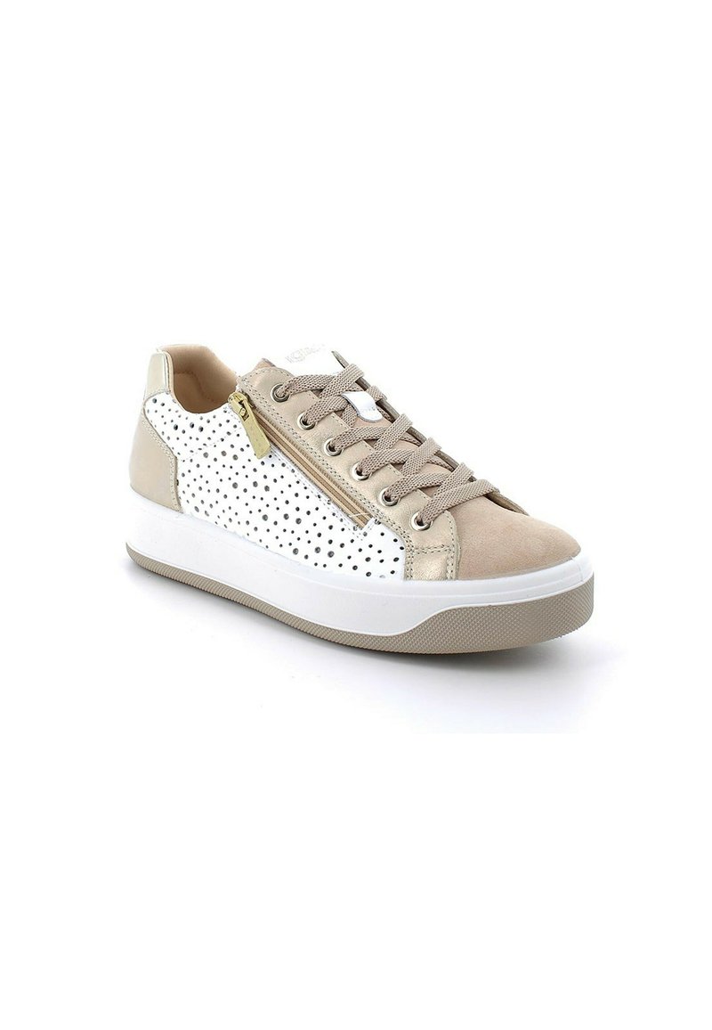 Sneaker bianca con accenti beige, punte in suede texturizzato, zip laterale e design perforato. Suola in gomma e chiusura con lacci.
