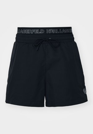 Schwarze Badeshorts mit elastischem Bund, Kordelzug und Logodetail am linken Bein. Leichter Stoff mit glatter Textur.