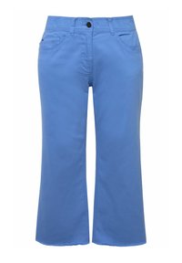 Siniset lyhyet housut, jotka on valmistettu puuvillasekoitteesta. Housuissa on suora lahkeiden muotoilu, etutaskut ja nappilukitus vyötäröllä.