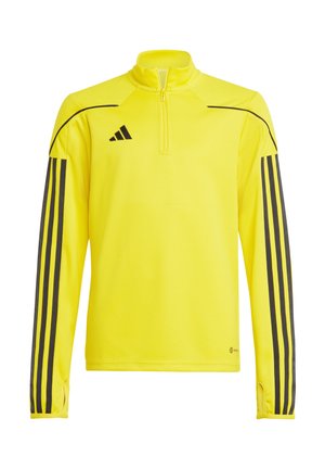 Yellow long-sleeve athletic top with a half-zip collar, featuring black stripe accents down the sleeves and textured shoulder panels.