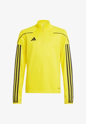 Geel lange mouw sporttop met een halflange rits kraag, featuring zwarte strepenaccenten langs de mouwen en getextureerde schouderpanelen.