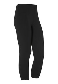 Svarta leggings tillverkade av elastiskt tyg, med en slät och figurnära design, hög elastisk midja och ankel-lång längd.