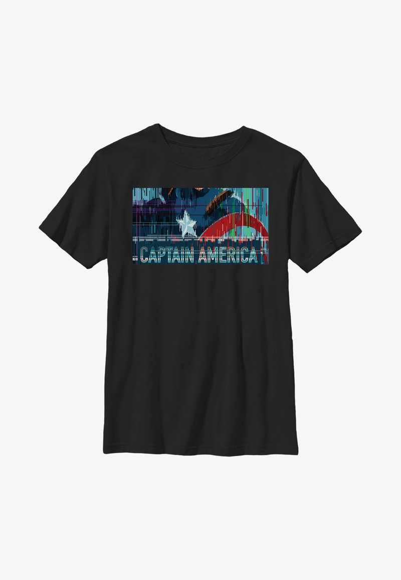 Czarna koszulka z kolorową grafiką przedstawiającą gwiazdy i paski, z napisem "KAPITAN AMERYKA" oraz teksturowanym wzorem tła.
