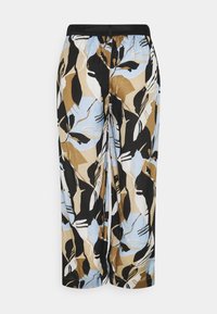 Pantalons évasés présentant un motif floral en noir, beige et bleu clair. Fabriqués en tissu léger avec une taille élastiquée noire.