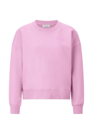 Felpa rosa chiaro con girocollo, maniche lunghe, polsini a costine e testo ricamato sottile sulla parte superiore sinistra del petto.