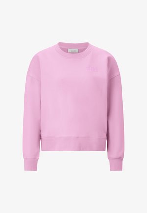 Gaiši rozā sporta džemperis ar apaļu kaklu, garām piedurknēm, ribota auduma aprocēm un smalku izšūtu tekstu uz augšējā kreisā krūšu.