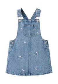 Džínové šaty s laclem v světle modré barvě s nastavitelnými ramínky, přední kapsou a vyšívanými motivy Hello Kitty roztroušenými po látce.