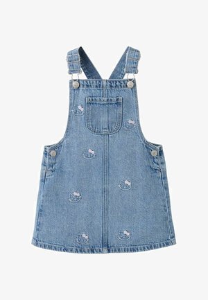 Džínsové šaty na traky v svetlomodrej farbe s nastaviteľnými ramienkami, predným vreckom a vyšívanými motívmi Hello Kitty roztrúsenými po tkanine.