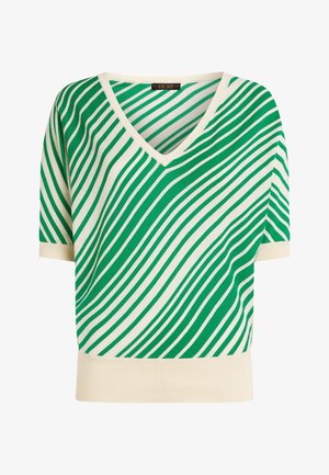 Zielono-biały sweter w paski z krótkim rękawem, dekoltem w serek i prążkowanym dołem. Wykonany z miękkiej dzianiny, z motywem falistego wzoru.