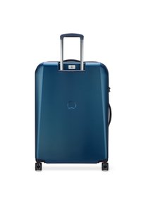 Valise rigide de couleur bleu foncé avec une finition texturée, poignée rétractable et quatre roues pour une mobilité aisée. Design minimaliste.