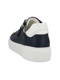 Svarta lädersneakers med vit strukturerad sula och häl. Har dragkedjestängning och vadderad krage för komfort. Slät yta med kontrasterande detaljer.