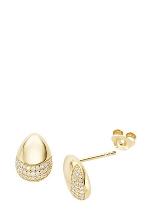 Gold stud earrings with an elongated oval shape, featuring a smooth surface and a section decorated with rhinestones. Includes a backing.