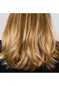 Langt, bølget hår med lysebrune og blonde highlights, vist bakfra mot en nøytral bakgrunn, som viser tekstur og glans.