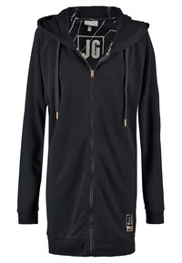 Sweat à capuche noir zippé avec une capuche, doté de détails dorés, un logo à l'intérieur, et des poignets et ourlet côtelés en tissu doux.