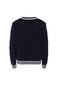 Pulover tricotat de culoare bleumarin, cu un model texturat, accente cu dungi albe pe guler și manșete, având un design cu gât rotund.
