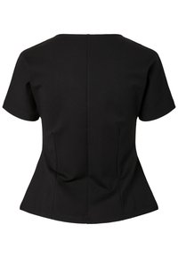 Μαύρο εφαρμοστό μπλουζάκι με κοντά μανίκια, στρογγυλή λαιμόκοψη και κάθετες ραφές στην πλάτη.