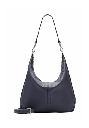 Dunkelblaues Leder-Crossbody-Bag mit abnehmbarem Schultergurt, silbernen Verschlüssen und dezentem vertikalem Logo-Detail in der Mitte vorne.