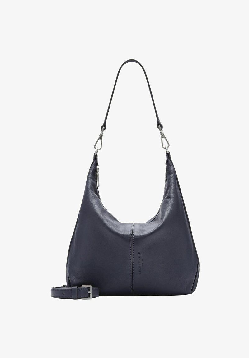 Granatowa skórzana torba na ramię z odczepianym paskiem, srebrnymi zapięciami i subtelnym pionowym detalem z logo na środkowej części przodu.
