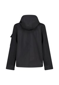 Black hooded jacket with a smooth texture, featuring a straight cut, visible stitching, and a side pocket. No embellishments or patterns.