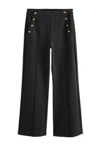 Svarta byxor med vida ben i slät tyg, med två framfickor och sex guldfärgade knappar på linningen.