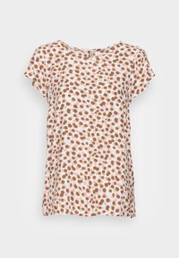 Blusa a maniche corte in tessuto leggero con sfondo bianco e pois marroni e rosa. Collo rotondo e vestibilità rilassata.