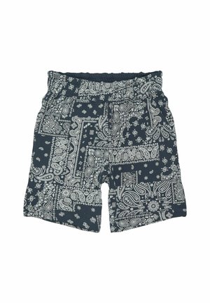 Ciemnoniebieskie szorty z białym wzorem paisley, elastycznym paskiem w talii i miękkiego materiału. Zaprojektowane w luźnym kroju, z bocznymi kieszeniami.