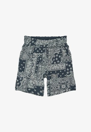 Pantalones cortos azul oscuro con un patrón blanco de paisley, cinturilla elástica y tela suave. Diseñados con un ajuste relajado y bolsillos laterales.