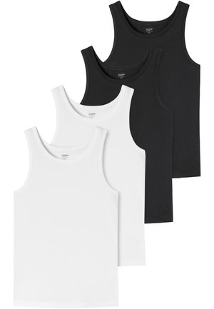 Dwa czarne i dwa białe bezrękawniki ułożone na sobie, oznaczone rozmiarem M/S.