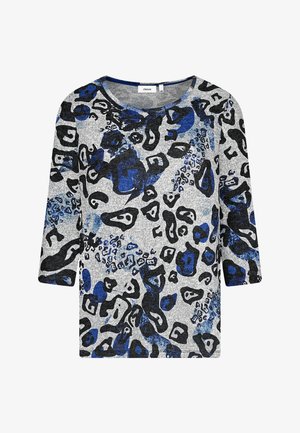 Graues Langarmoberteil mit einem auffälligen schwarz-blauen abstrakten Leopardenmuster. Weicher Stoff, runder Ausschnitt und lockere Passform.