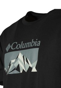 Zwarte katoenen t-shirt met een grafische print van bergen in grijstinten en het "Columbia" logo boven het ontwerp. Korte mouwen.