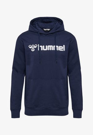 Marineblauwe hoodie met een voorzak, trekkoordcapuchon en wit "hummel" logo. Gladde textuur, klassieke pasvorm, ribgebreide manchetten en zoom.